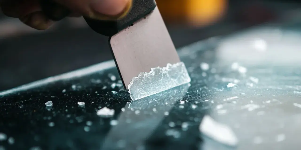 A scraper is used to remove adhesive from acrylic, leaving behind small white fragments.