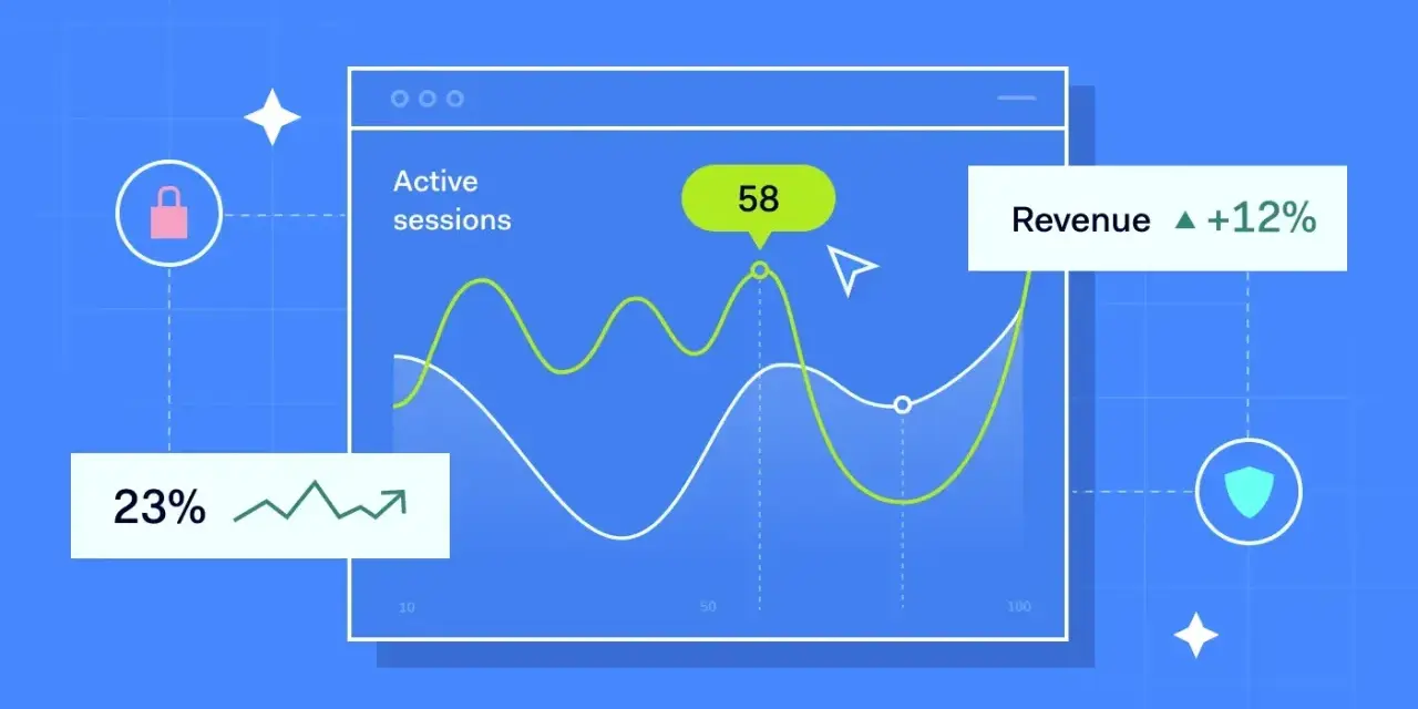 A network optimizer dashboard shows active sessions at 58, 23% growth, and 12% revenue increase.
