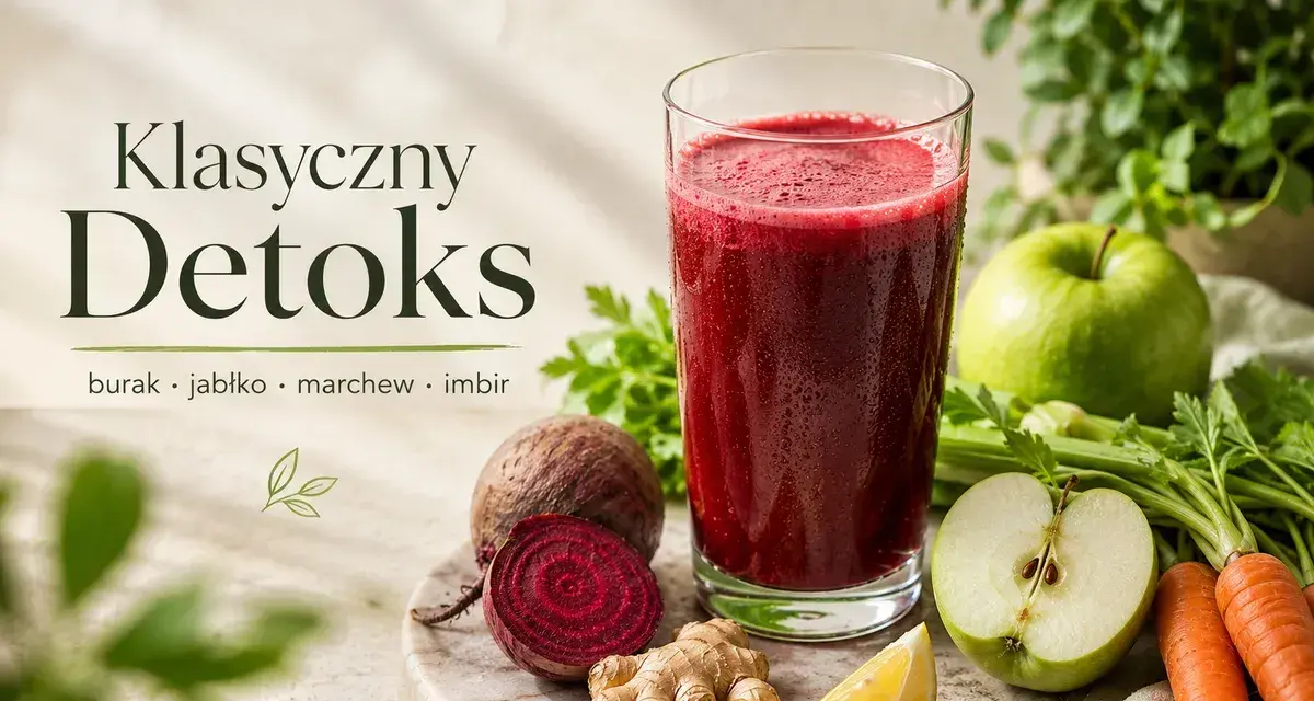 Klasyczny detoks: orzeźwiający sok z buraka, jabłka, marchwi i imbiru. Zdrowie w szklance.