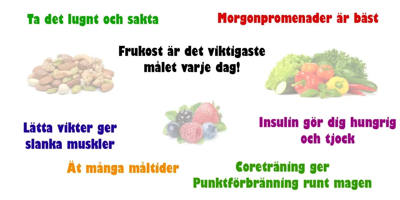 Frukost, nötter, bär och grönsaker för att bli av med fett. Morgonpromenader och coreträning ger punktförbränning runt magen.