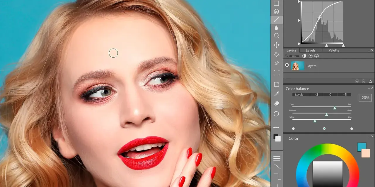 Interfaz de aplicaciones para editar fotos, mostrando un retrato y herramientas de ajuste de color y curvas.