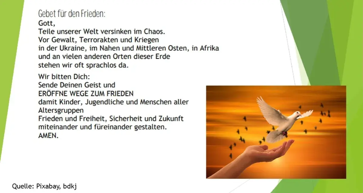 Friedensgebete Vorlagen: Eine Taube fliegt aus einer Hand in den Sonnenuntergang, umgeben von anderen Vögeln. Ein Gebet für Frieden und Freiheit.
