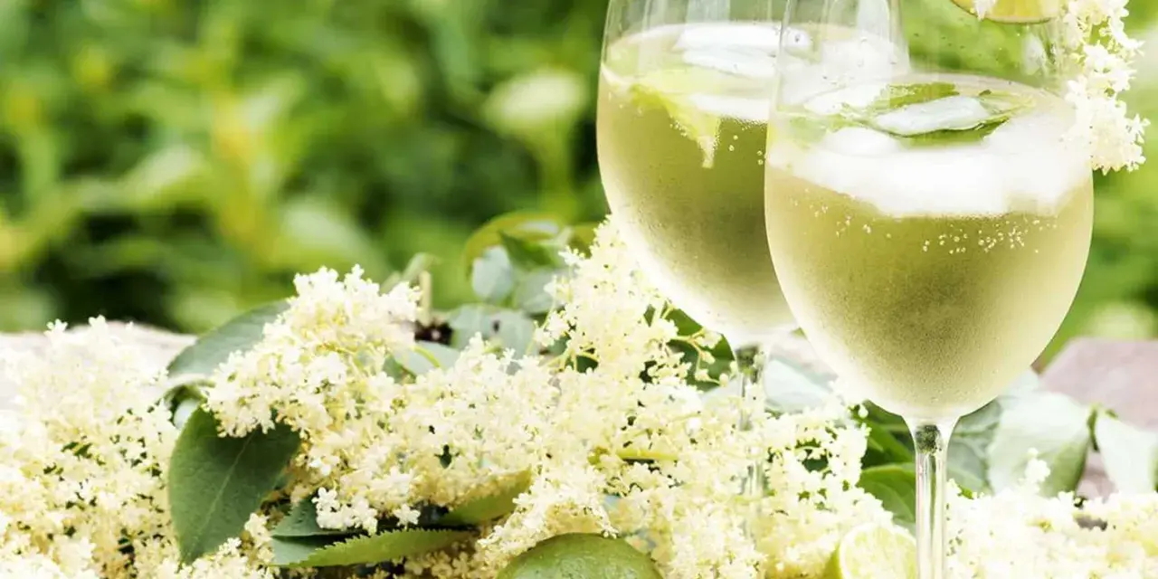 Två glas Hugo Spritz med fläderblommor och lime. En perfekt sommardrink!