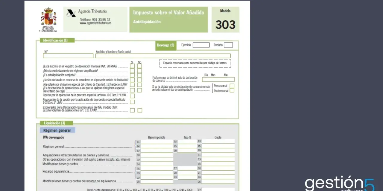 Formulario Modelo 303 para la autoliquidación del IVA. Incluye campos para datos de identificación, devengo y liquidación, con secciones para el IVA devengado y recargo de equivalencia. Las iva trimestral fechas se refieren al periodo de devengo.