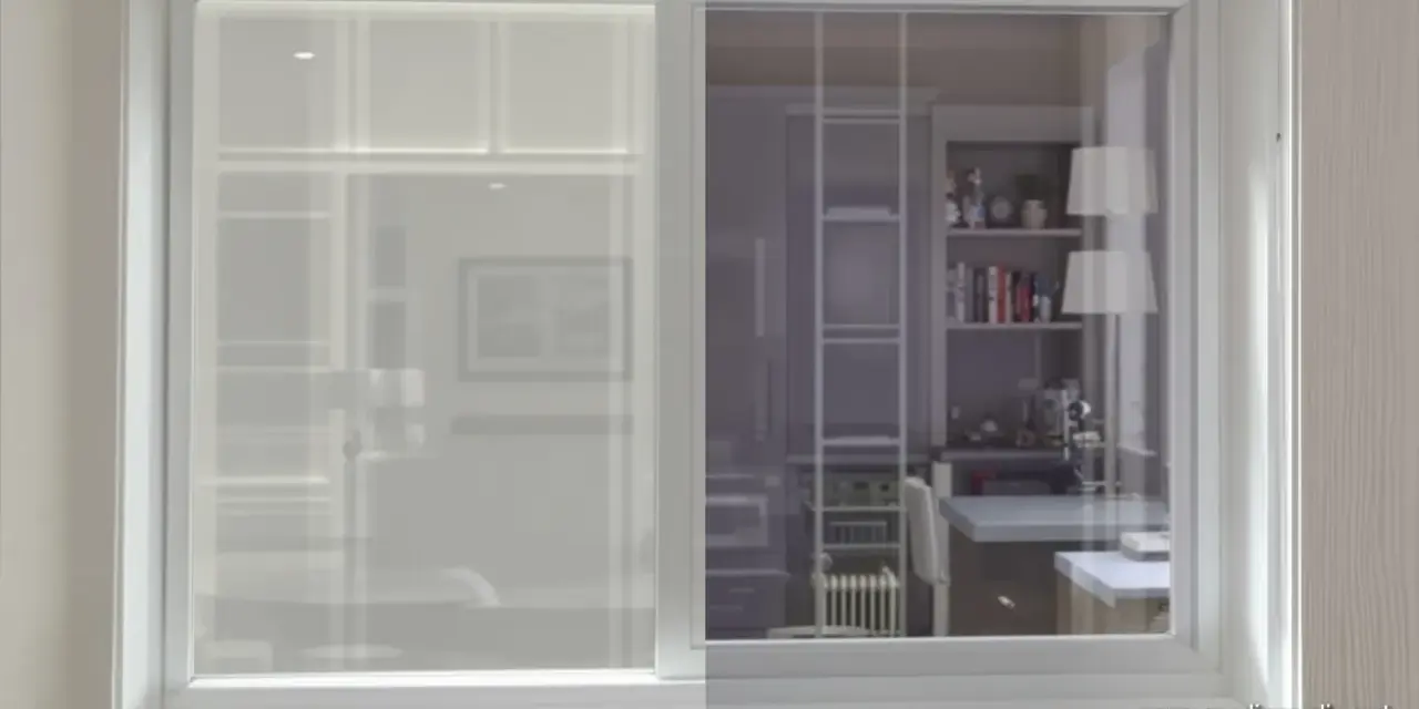 Fenêtre avec film phonique. La partie gauche est opaque, la droite laisse voir une cuisine moderne.