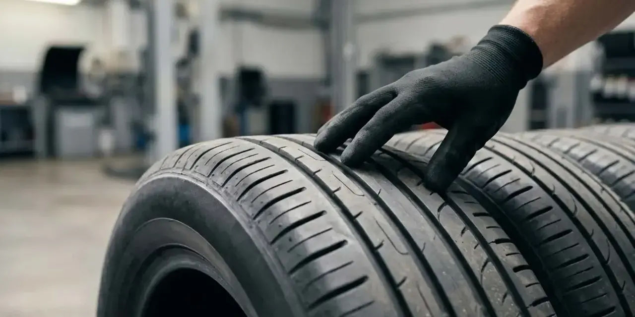 Mano guantata esamina il battistrada di pneumatici nuovi, un dettaglio importante per capire quali pneumatici scegliere per la tua auto.