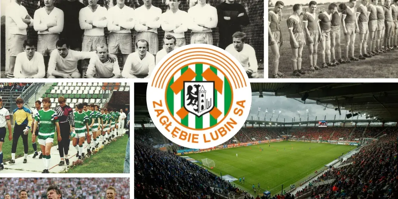 Kolaż zdjęć z historią MKS Zagłębie Lubin: drużyny w różnych latach, herb klubu i stadion pełen kibiców.