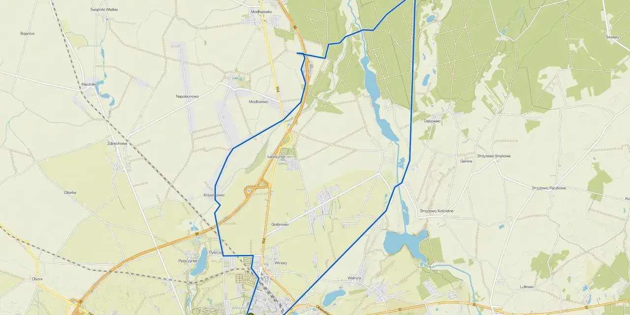 Mapa z zaznaczonymi trasami rowerowymi Gniezno i okolicami. Pętla prowadzi przez malownicze tereny, lasy i wsie.