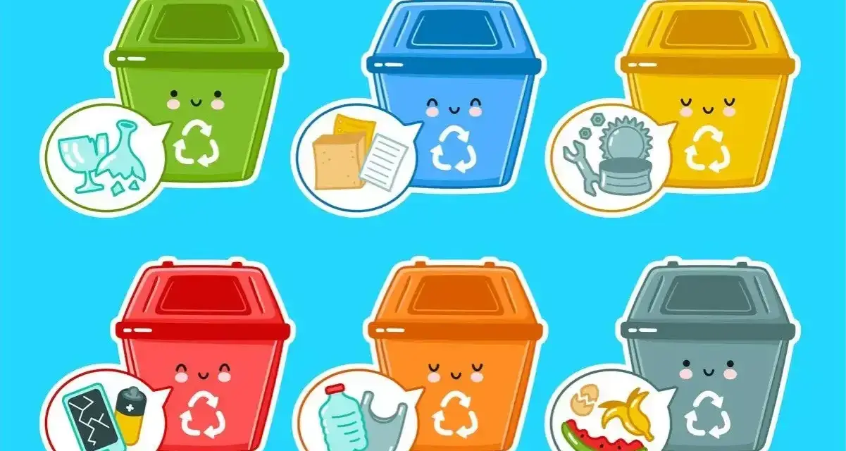 Jak narysować kosz na śmieci? Sześć kolorowych, uśmiechniętych koszy na śmieci z symbolami recyklingu i przykładami odpadów.