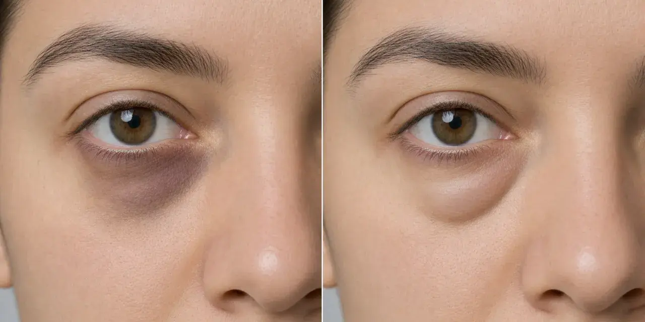 Comparación de ojos: antes con ojeras oscuras y bolsas, después con piel más lisa y clara. Muestra cómo tratar porque salen ojeras.