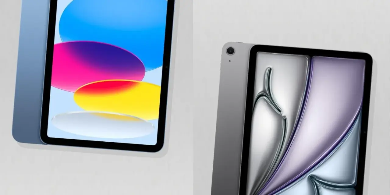 Zwei iPads nebeneinander: eines in Blau mit bunter Anzeige, das andere in Grau mit abstrakter Anzeige.