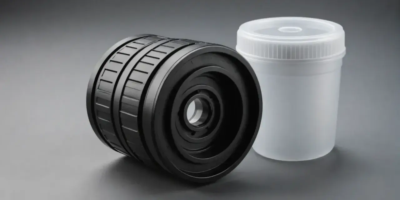 A black, ribbed cylindrical object, possibly for an abs application, sits next to a translucent plastic container with a lid.