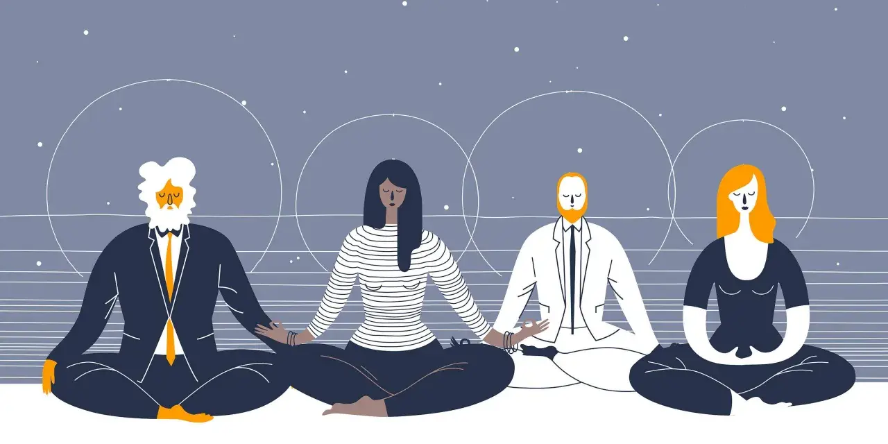 Four people in business attire meditate under a starry sky, finding peace and living a quiet life.