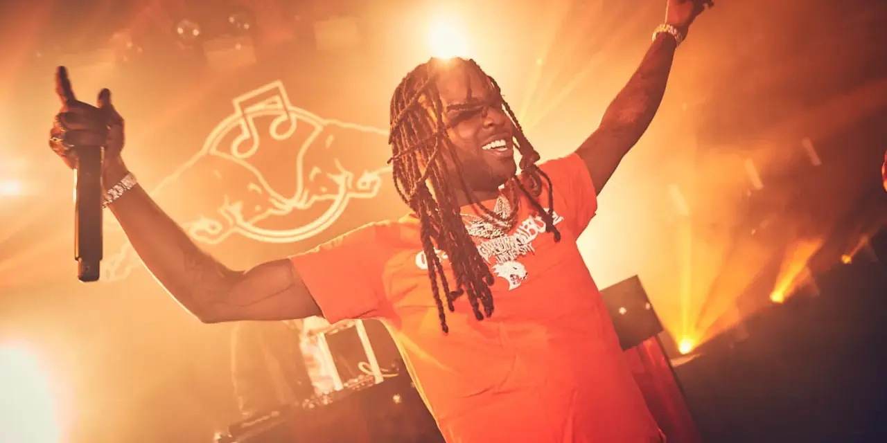 Rapper mit Dreadlocks und orangefarbenem T-Shirt singt mit erhobenen Armen und Mikrofon. Die Bühne ist in warmes Licht getaucht, perfekt für energiegeladene Hip-Hop-Songs.