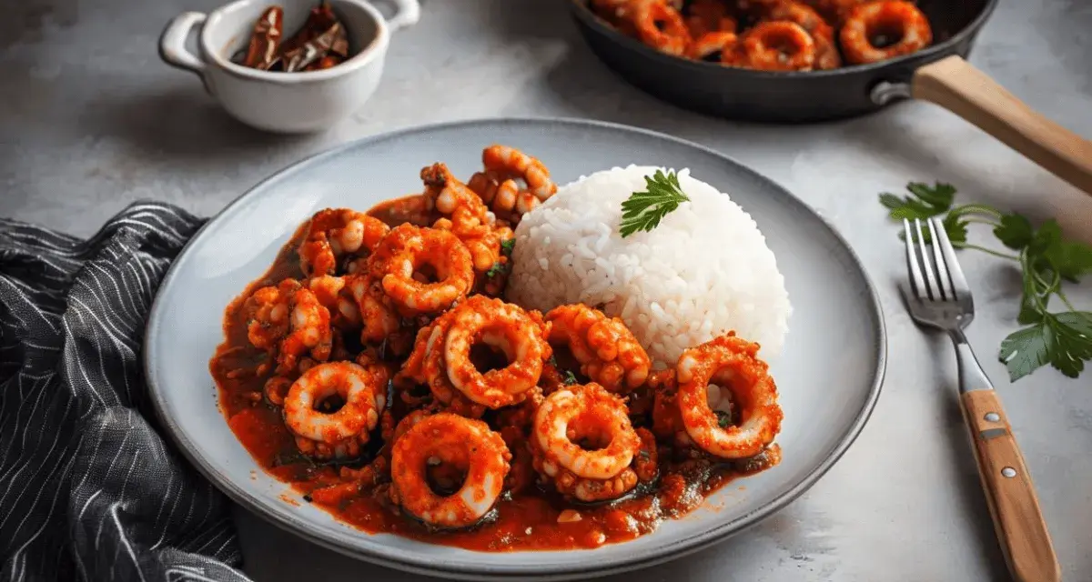 Calamares en salsa roja, servidos con arroz blanco y decorados con perejil. Un plato delicioso y apetitoso.