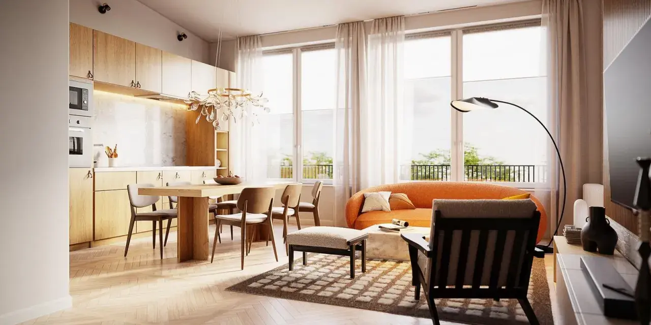 Nowoczesny salon z jadalnią i kuchnią, idealny do kursu wizualizacji architektonicznych. Jasne drewno, pomarańczowa sofa i designerska lampa.