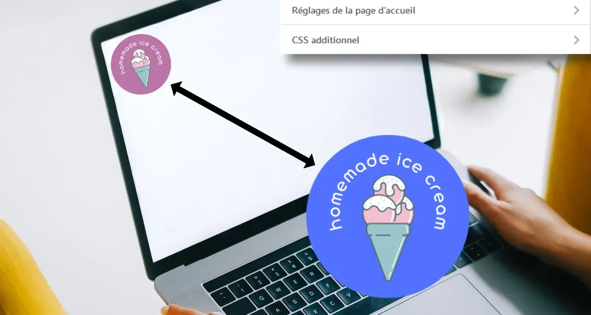 Interface WordPress pour changer logo site : icône de glace "homemade ice cream" sur l'écran, avec un menu à droite.