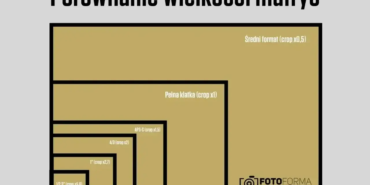 Porównanie rozmiarów matryc w aparatach: od średniego formatu po 1/2,3". Pełna klatka jest punktem odniesienia.