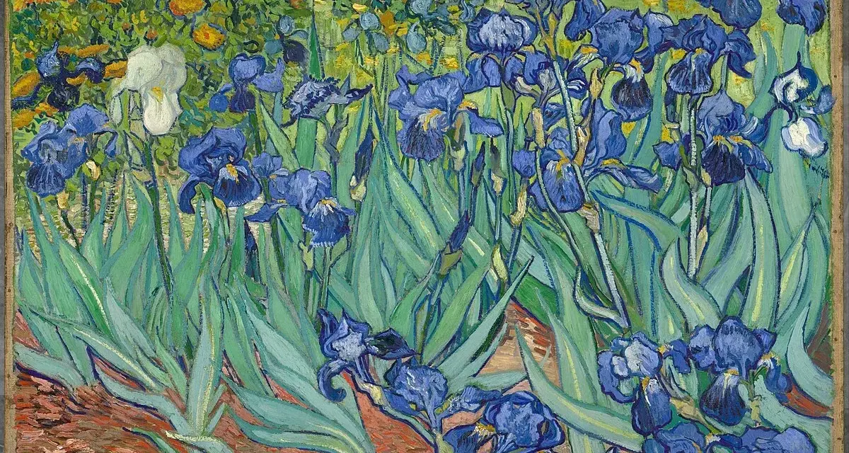 Un jardin d'iris bleus et une iris blanche, baigné de lumière. Une œuvre post-impressionniste vibrante de couleurs.