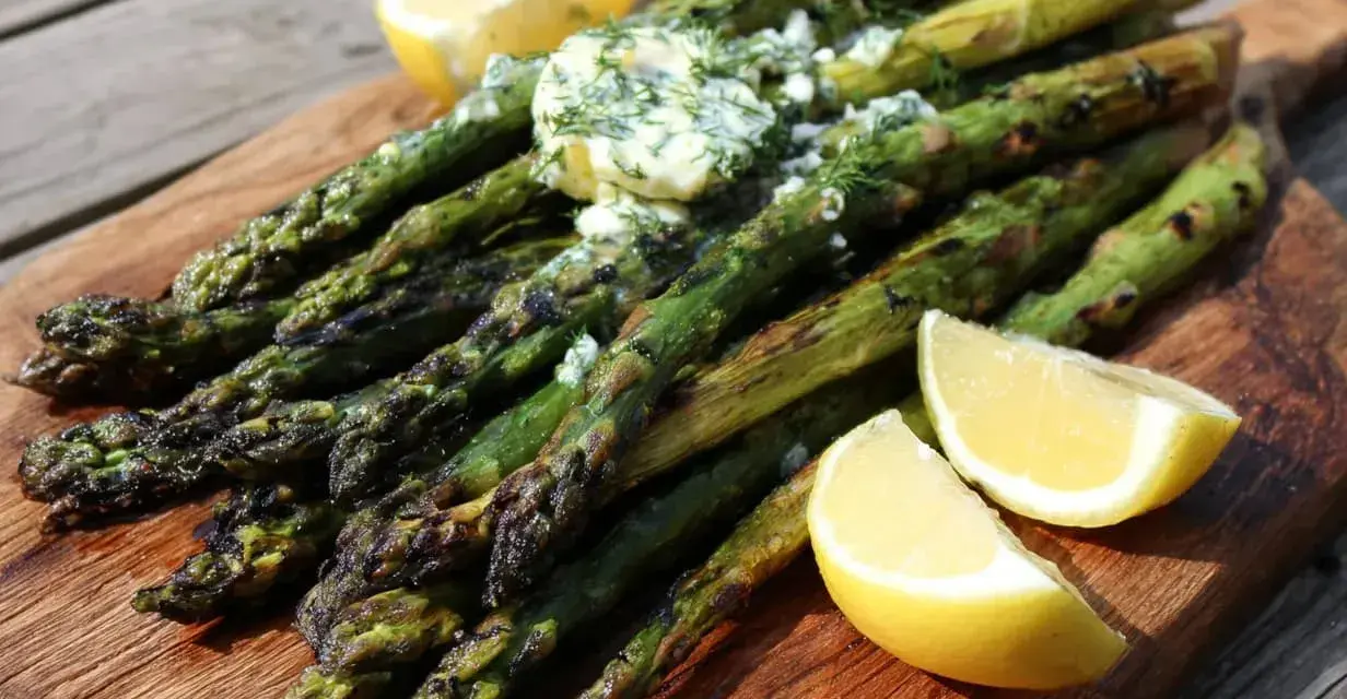 Grilla sparris med smör och dill, serverad med citronklyftor på en träskärbräda. Perfekt sommarbuffé!