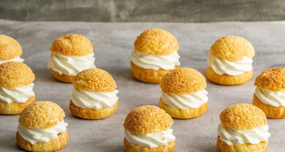 Douzaines de délicieux choux à la crème, garniture généreuse de crème fouettée, sur fond gris.