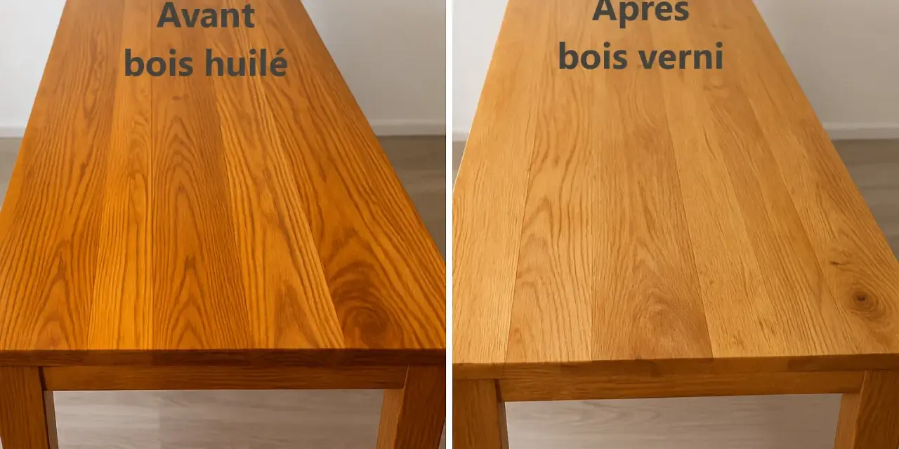 Avant bois huilé, après bois verni. La question "peut on vernir après huile de lin" est illustrée par ce comparatif visuel.