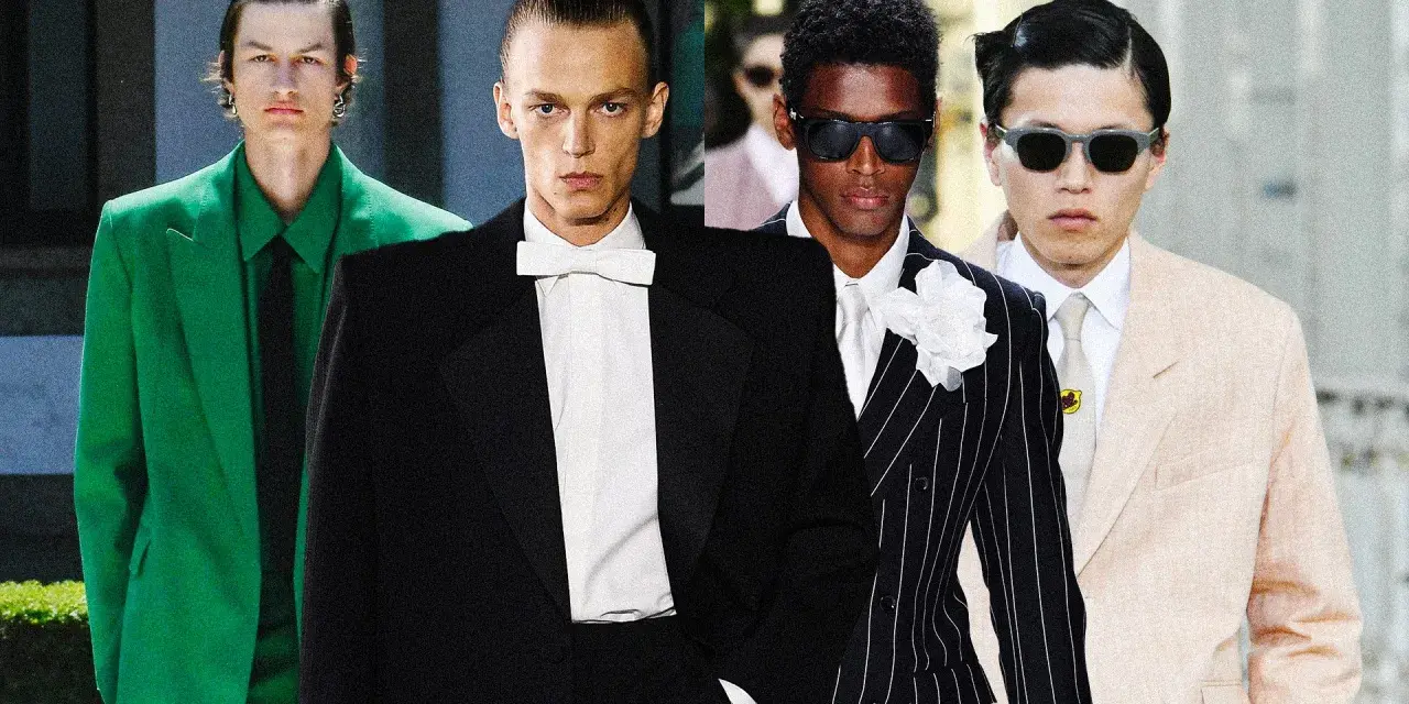 Modelli con abiti eleganti, uno con cravatta matrimonio invitato in verde acceso, un altro con papillon bianco.