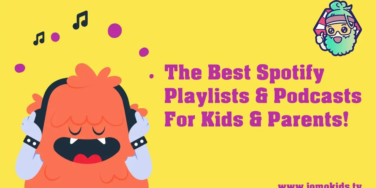 Pomarańczowy potworek słucha muzyki na słuchawkach. Odkryj najlepsze Spotify audiobooki dla dzieci i rodziców!