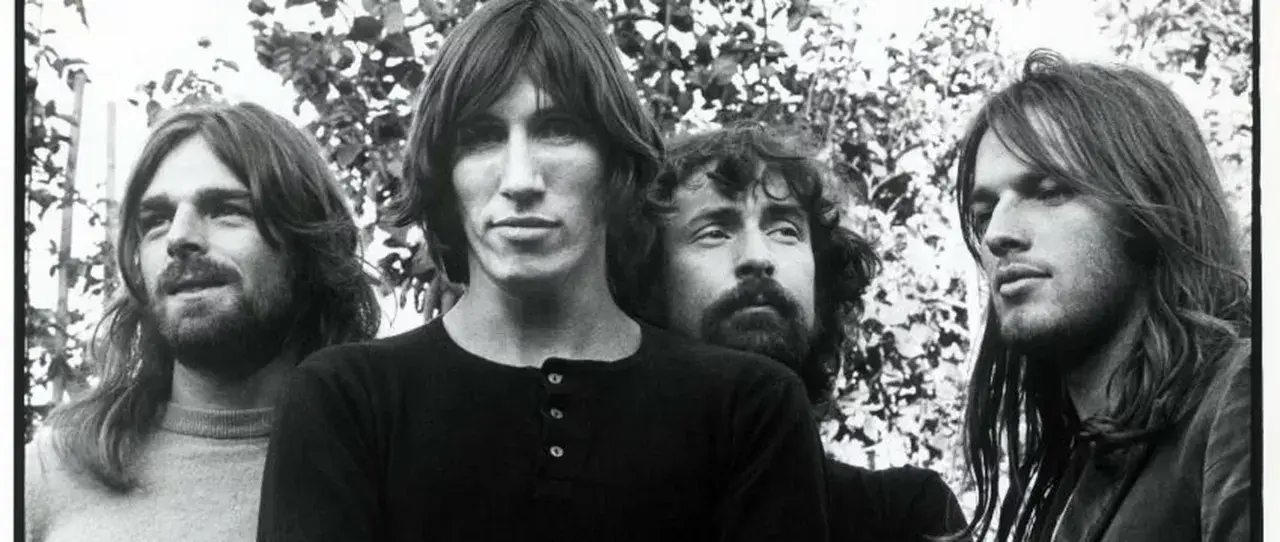 Quatre musiciens aux cheveux longs, dans un style musical Pink Floyd, posent devant un feuillage.