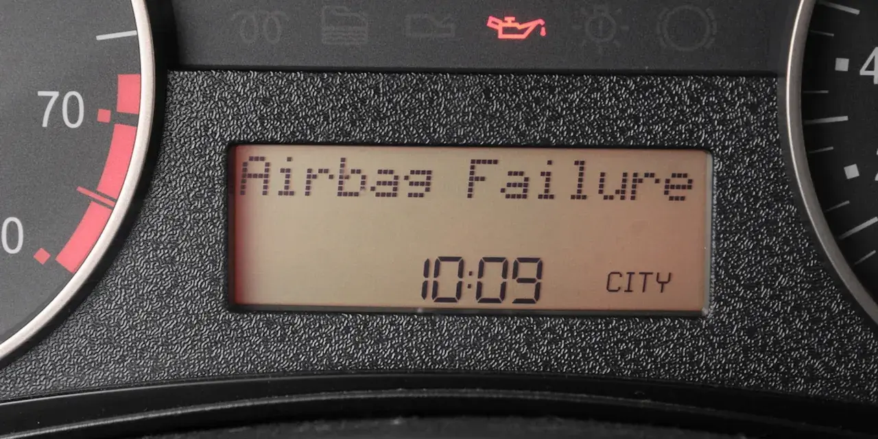 Na desce rozdzielczej świeci się kontrolka poduszki powietrznej z napisem "Airbag Failure". Obok widnieje godzina 10:09 i napis CITY.