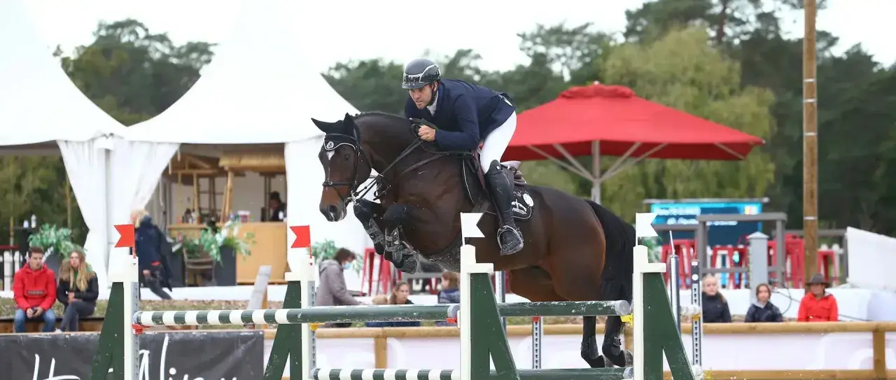 Cavalier et cheval sautant un obstacle lors des jeux équestres mondiaux.