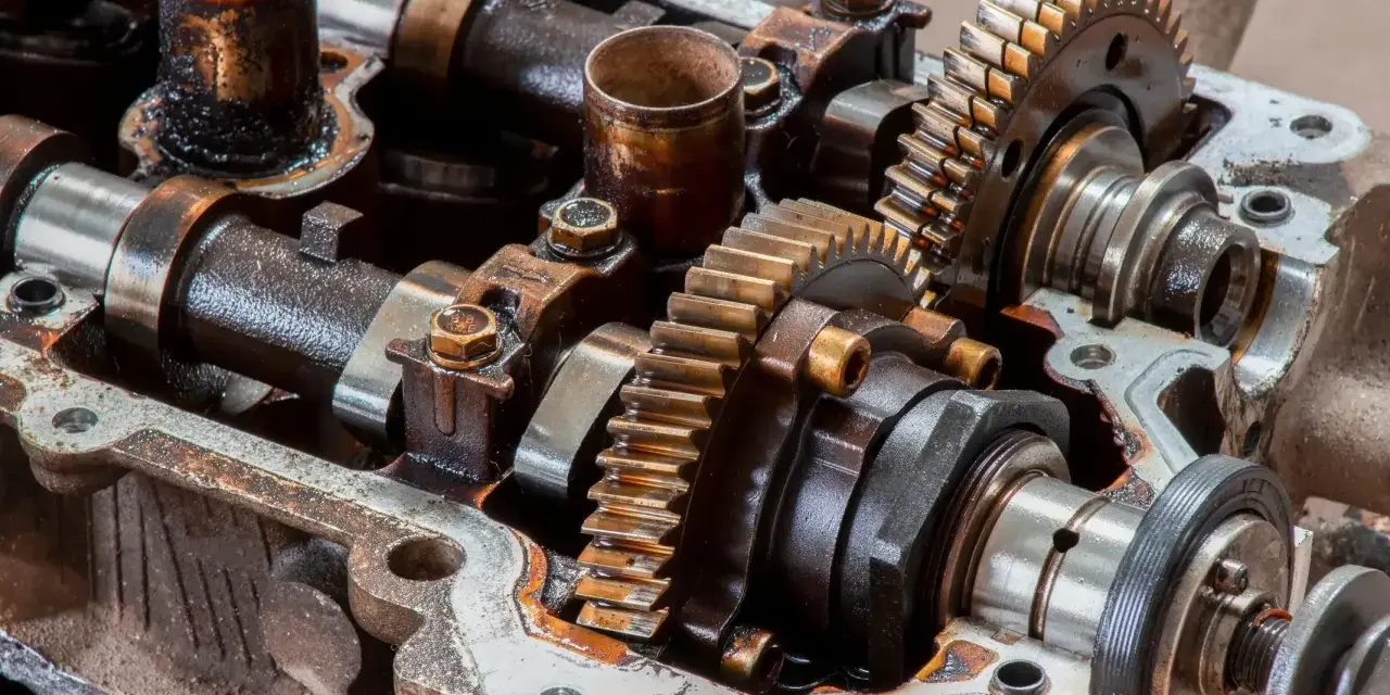 Mechanizm zmienne fazy rozrządu w silniku, z widocznymi wałkami, kołami zębatymi i śladami oleju.