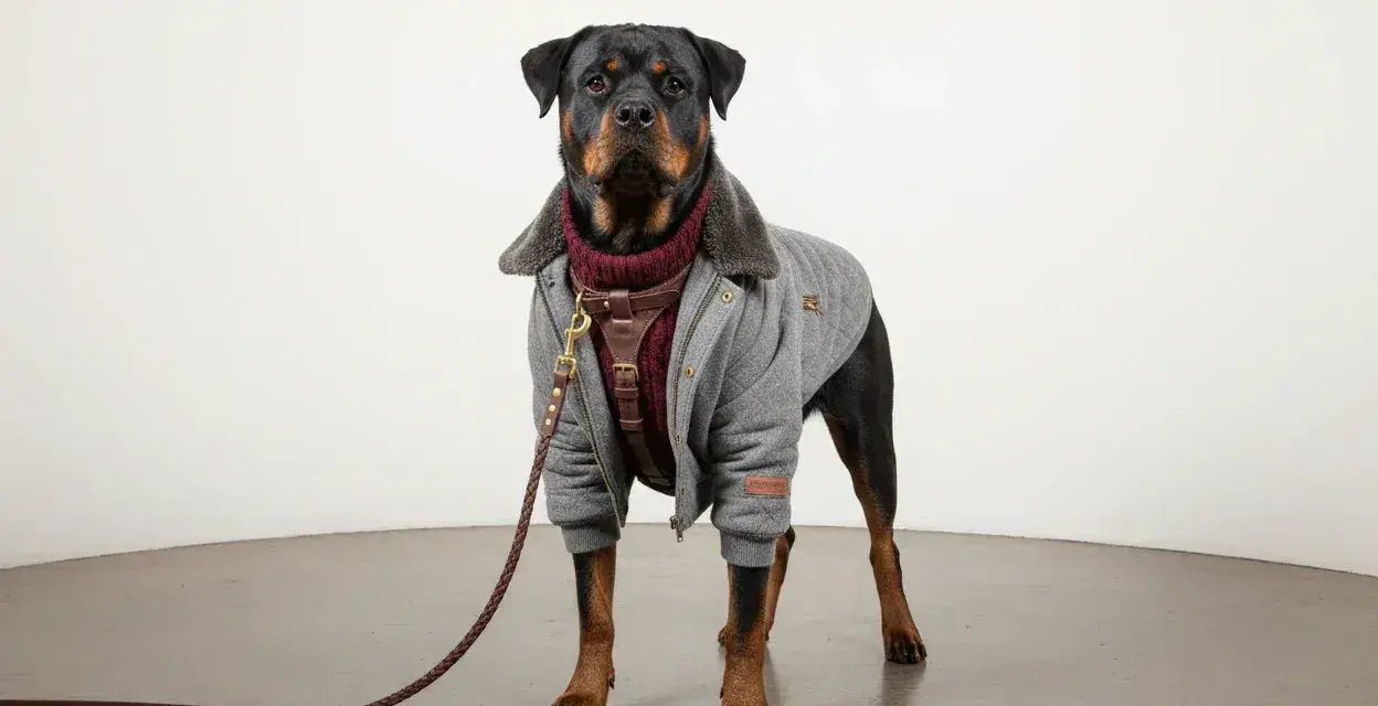 Rottweiler con maglione bordeaux e giacca trapuntata grigia, mostrando diversi tipi di vestiti nomi per cani.