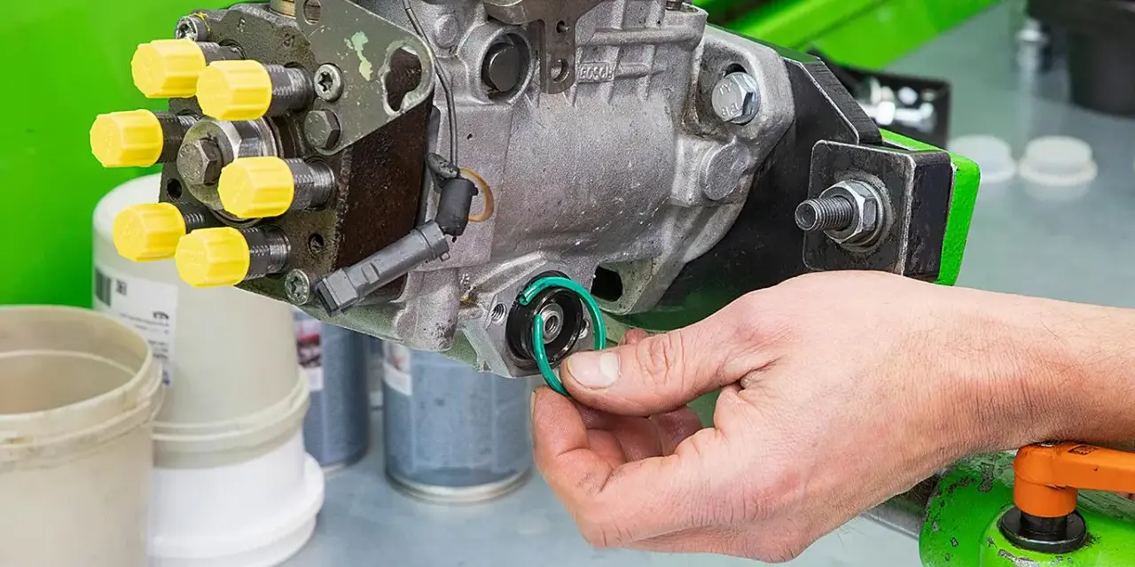 Hand replaces a green O-ring on a Bosch Einspritzpumpe, part of the process to einspritzpumpe reparieren.
