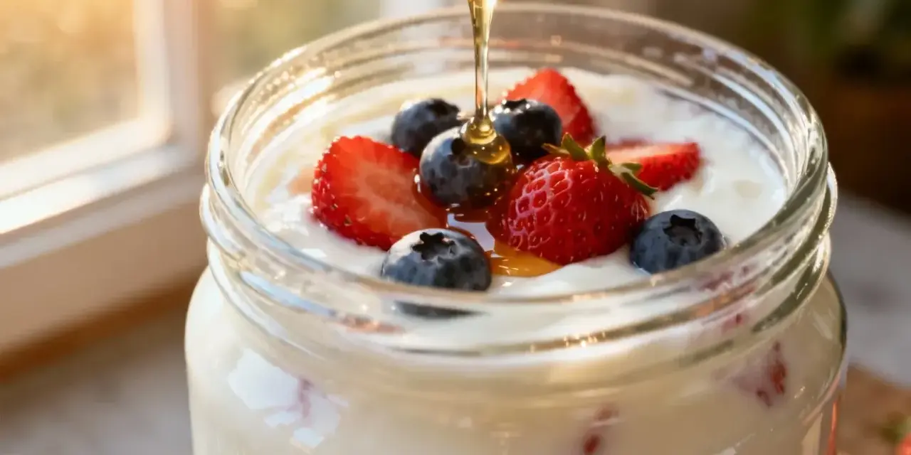 Un pot de yaourt aux ferments lactiques garni de fraises et myrtilles, arrosé de miel doré. Un délice matinal.