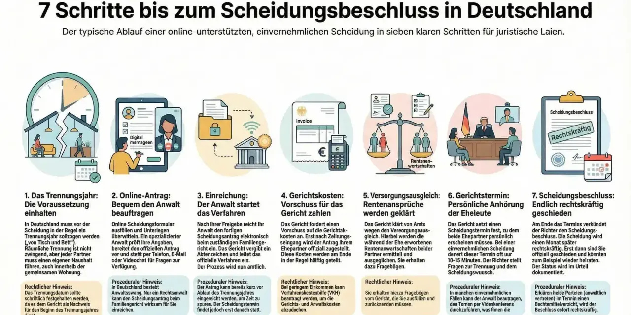 7 Schritte zur Scheidung: Trennungsjahr, Online-Antrag, Einreichung, Kosten, Versorgungsausgleich, Anhörung, Beschluss. Scheidungstermin verschieben ist nicht Teil des Prozesses.