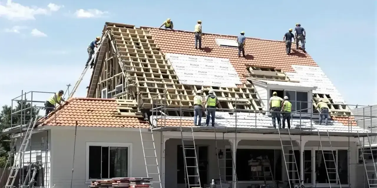 Ekipa budowlana pracuje nad remontem dachu domu. Widać rusztowania, drabiny i materiały budowlane.