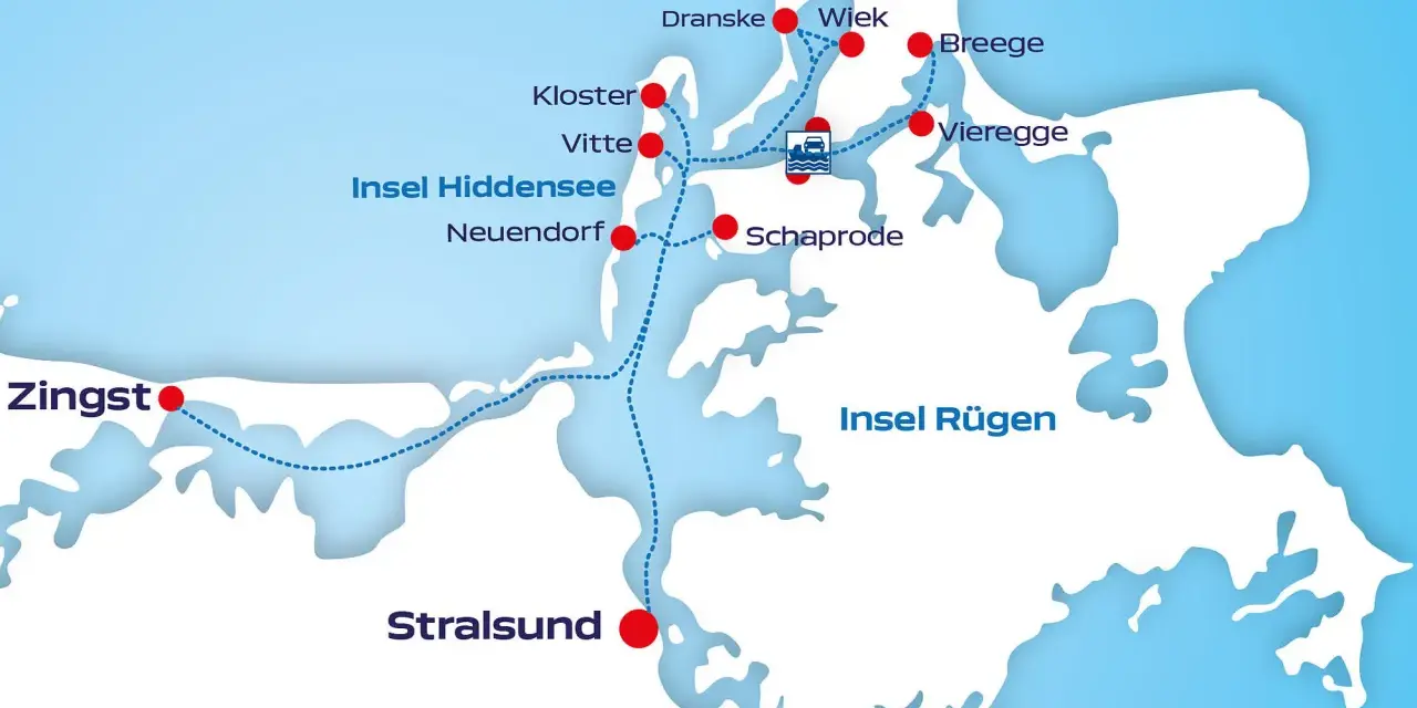 Karte zeigt Fährverbindungen zur Insel Hiddensee, mit Häfen wie Neuendorf, Vitte und Kloster. Auch Zingst und Stralsund sind verbunden.