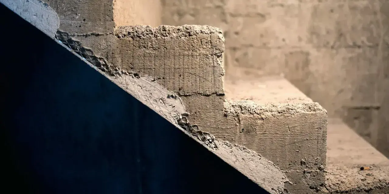 Surowe, betonowe schody z widocznymi nierównościami i siatką zbrojeniową.