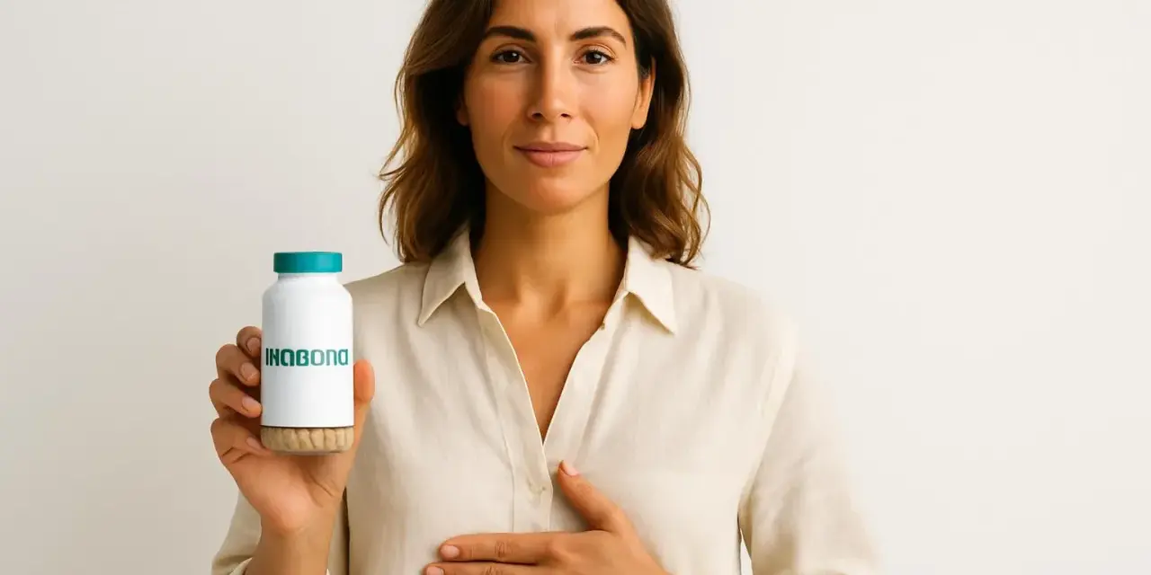 Donna con flacone di probiotici, per capire a cosa servono i probiotici per il benessere intestinale.