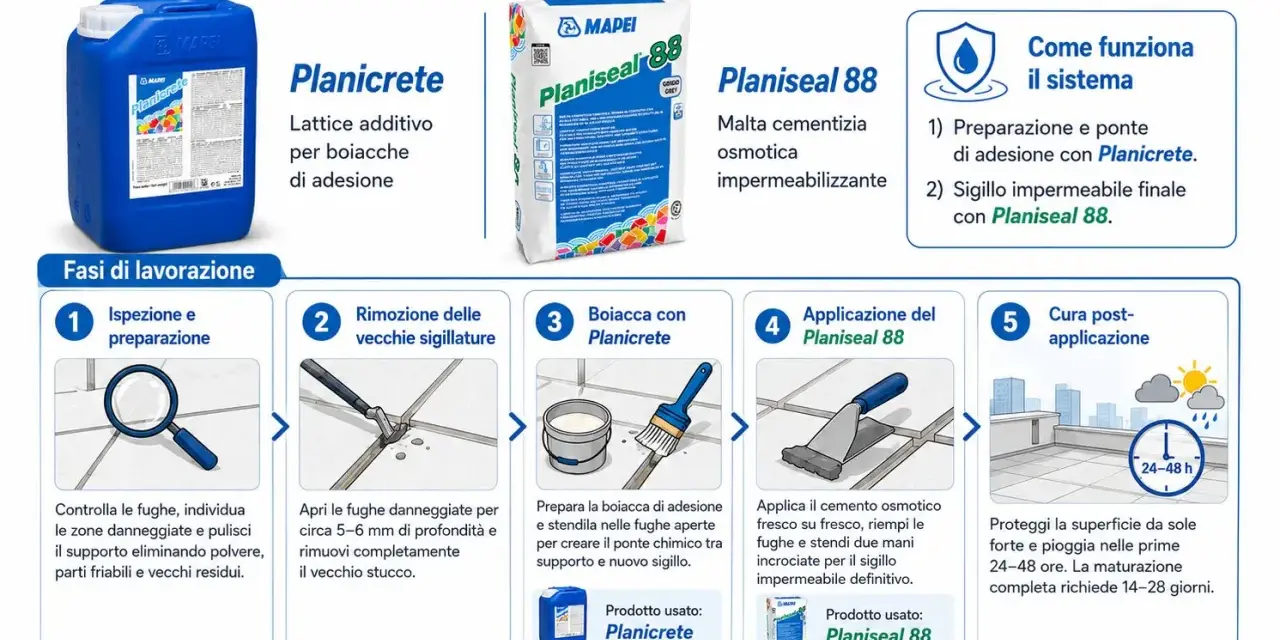 Sistema Mapei per fughe lastricato solare: Planicrete per adesione, Planiseal 88 per sigillo impermeabile. Guida alle fasi di lavorazione.