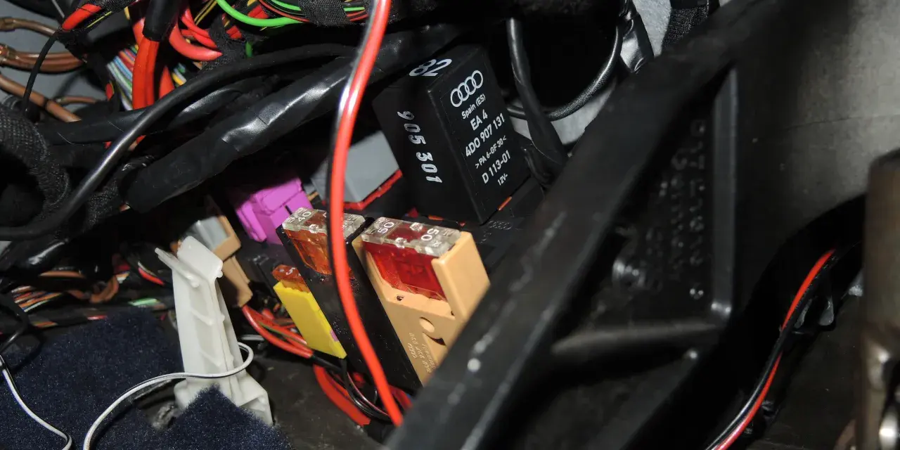 Pompka centralnego zamka Audi A4 B5 znajduje się w wiązce przewodów pod deską rozdzielczą, obok bezpieczników.