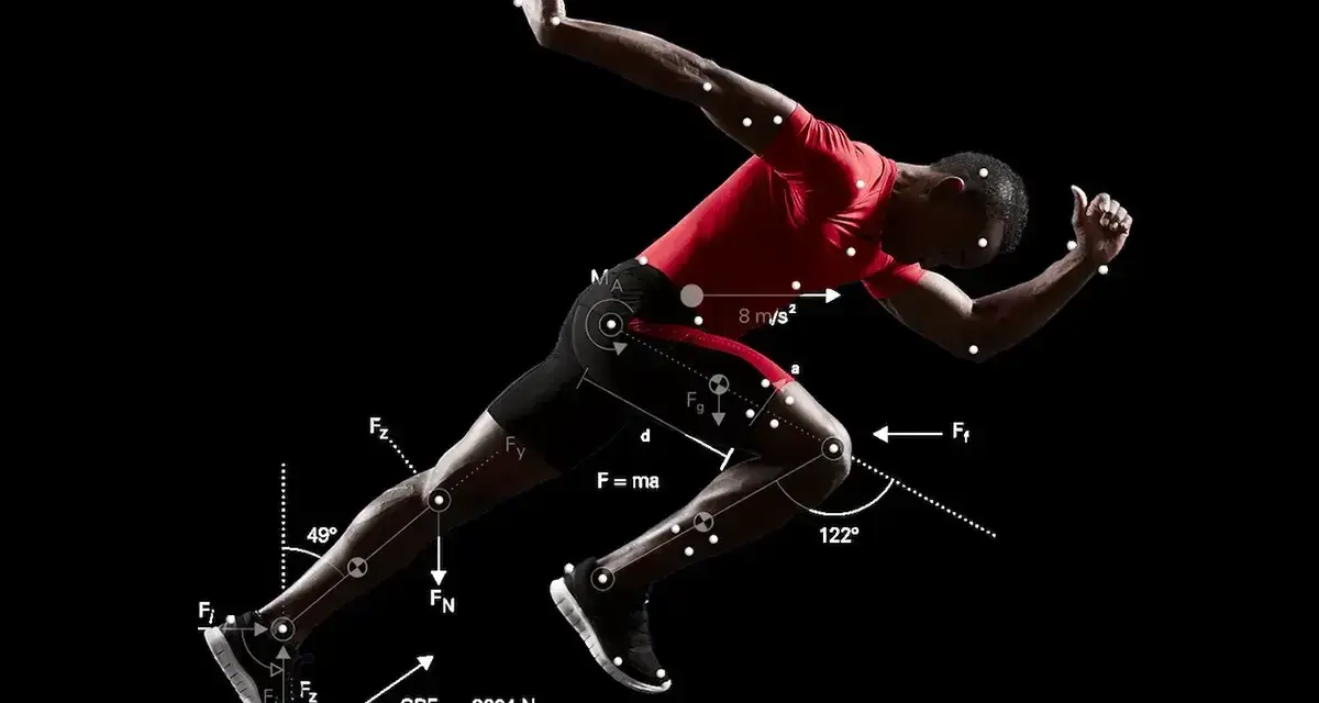 Biegacz w ruchu, z naniesionymi wektorami sił i oznaczeniami, ilustrującymi biomechanikę w sporcie.