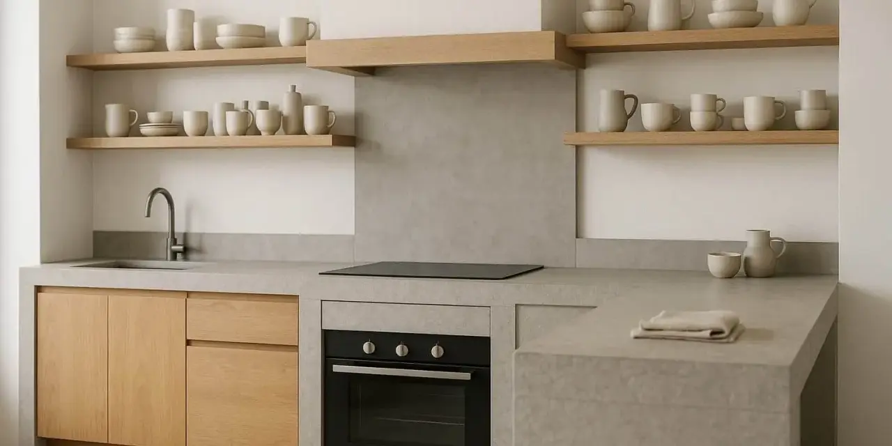 Progetto cucina in muratura moderna con pensili in legno, piano in resina e forno a incasso.