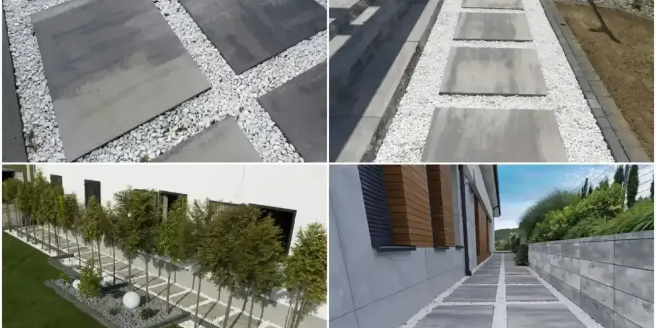 Nowoczesna opaska wokół domu z płyt betonowych i białego żwiru tworzy eleganckie ścieżki i ozdobne rabaty.