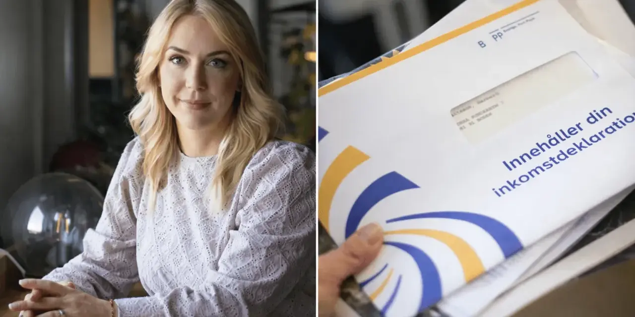 Kvinna med blont hår sitter vid ett bord. Bredvid syns ett kuvert med texten "Innehåller din inkomstdeklaration". Kanske är det en bompeng norge-relaterad deklaration?