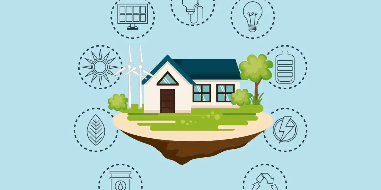 Casa con molino eólico y solar, rodeada de iconos que ilustran los pros y contras de las energías renovables: sol, hoja, barril, reciclaje, rayo, batería, bombilla y enchufe.