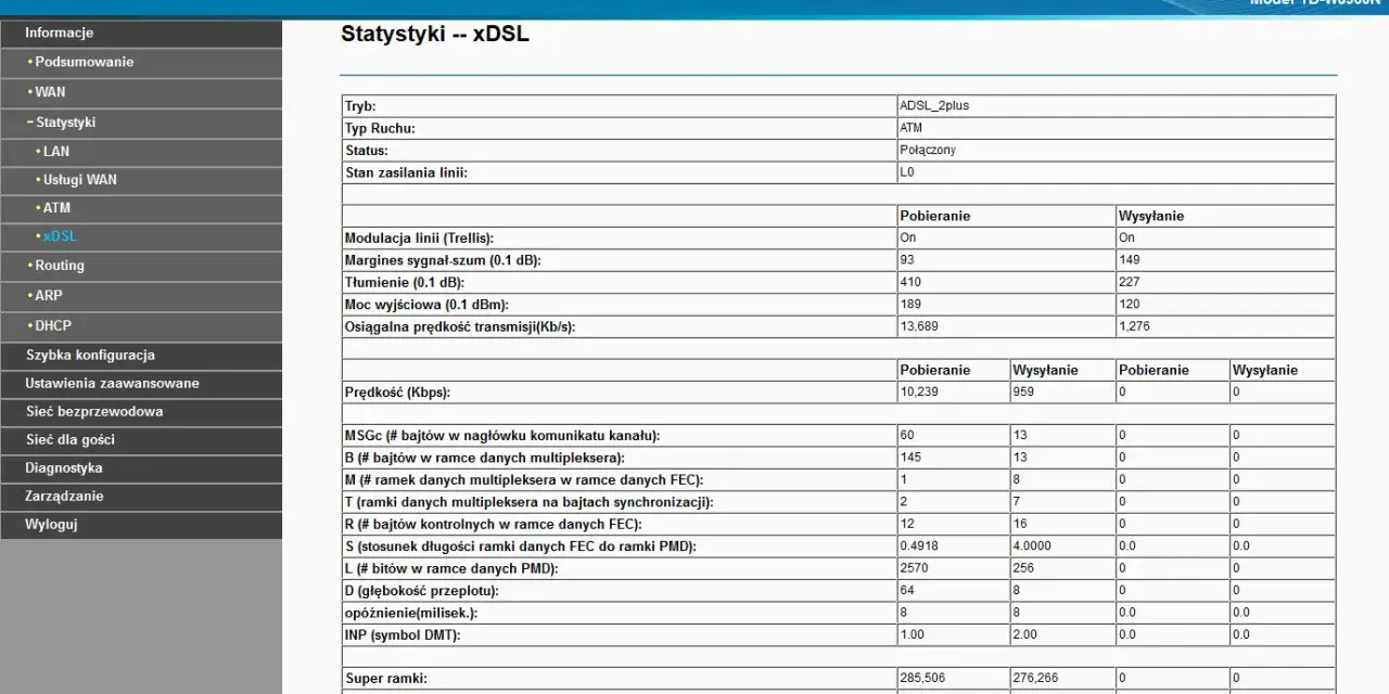 Statystyki xDSL: Połączenie aktywne, prędkość pobierania 10239 Kbps, wysyłania 959 Kbps. SR rejestracja danych.