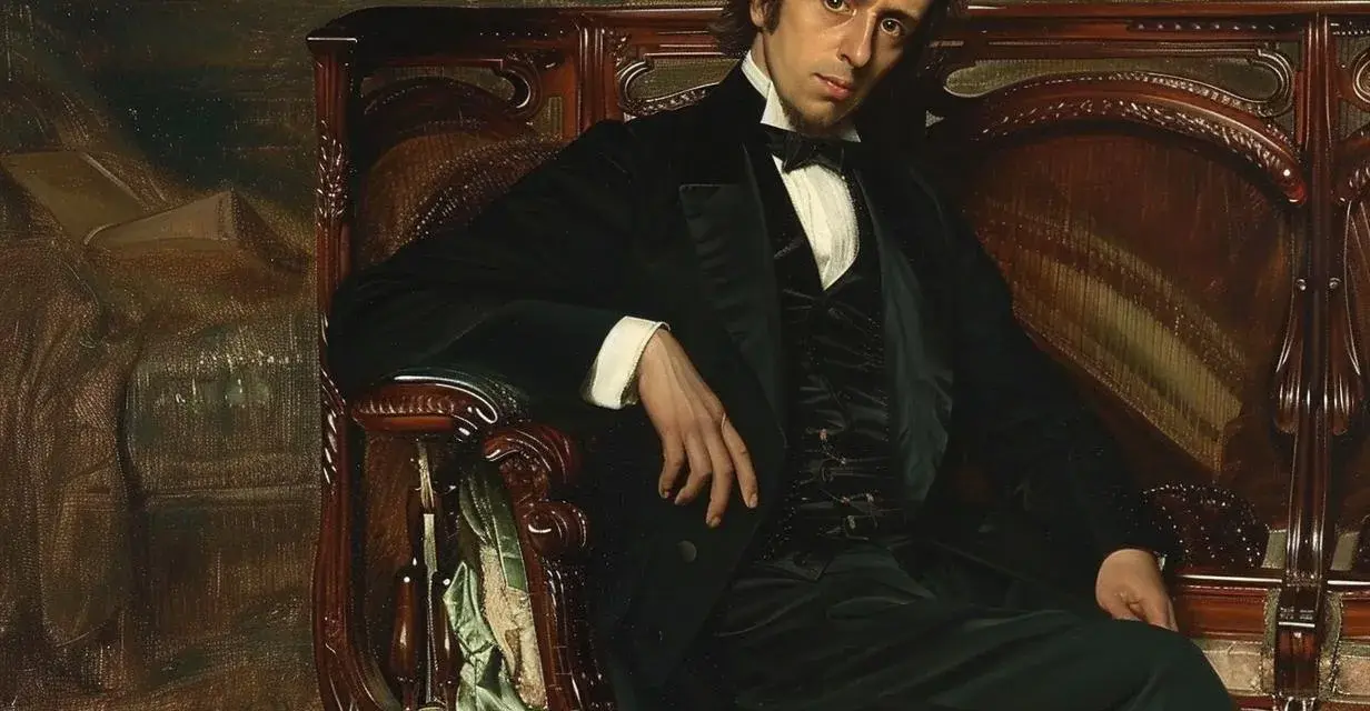 Portret Fryderyka Chopina, który inspiruje do poznania jego bogatego życiorysu. Kompozytor w eleganckim stroju siedzi na fotelu.