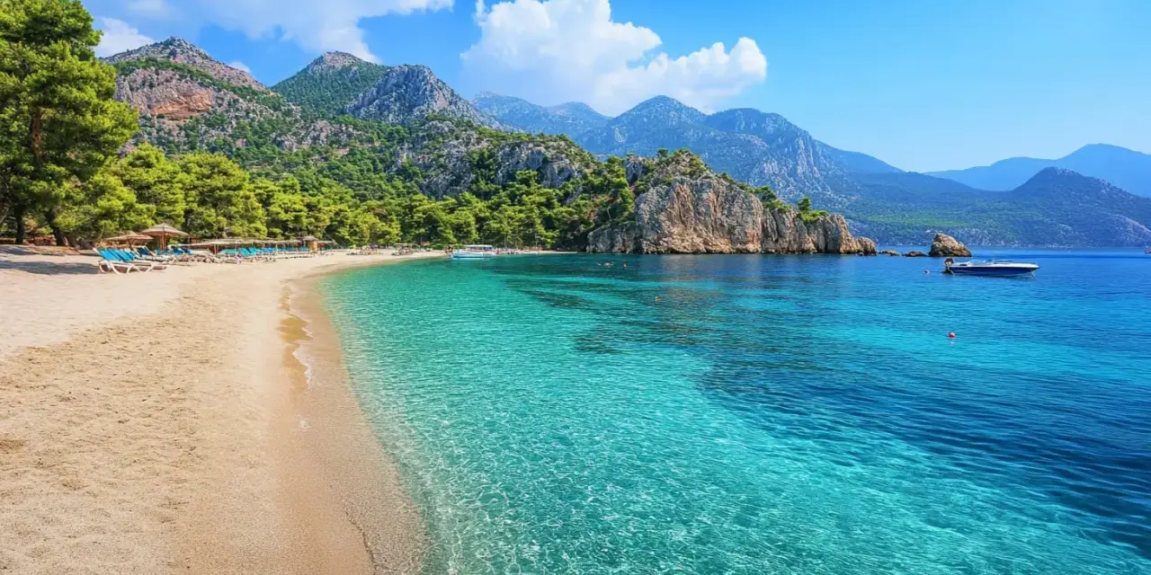 Piękna plaża w Turcji, Kusadasi, z turkusową wodą, górami i sosnami. Idealne miejsce na wakacje.
